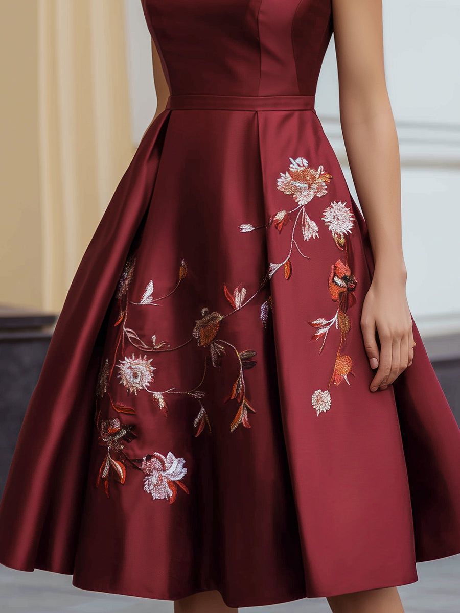 Satin Embroidered A-Line Sleeveless Midi Dress