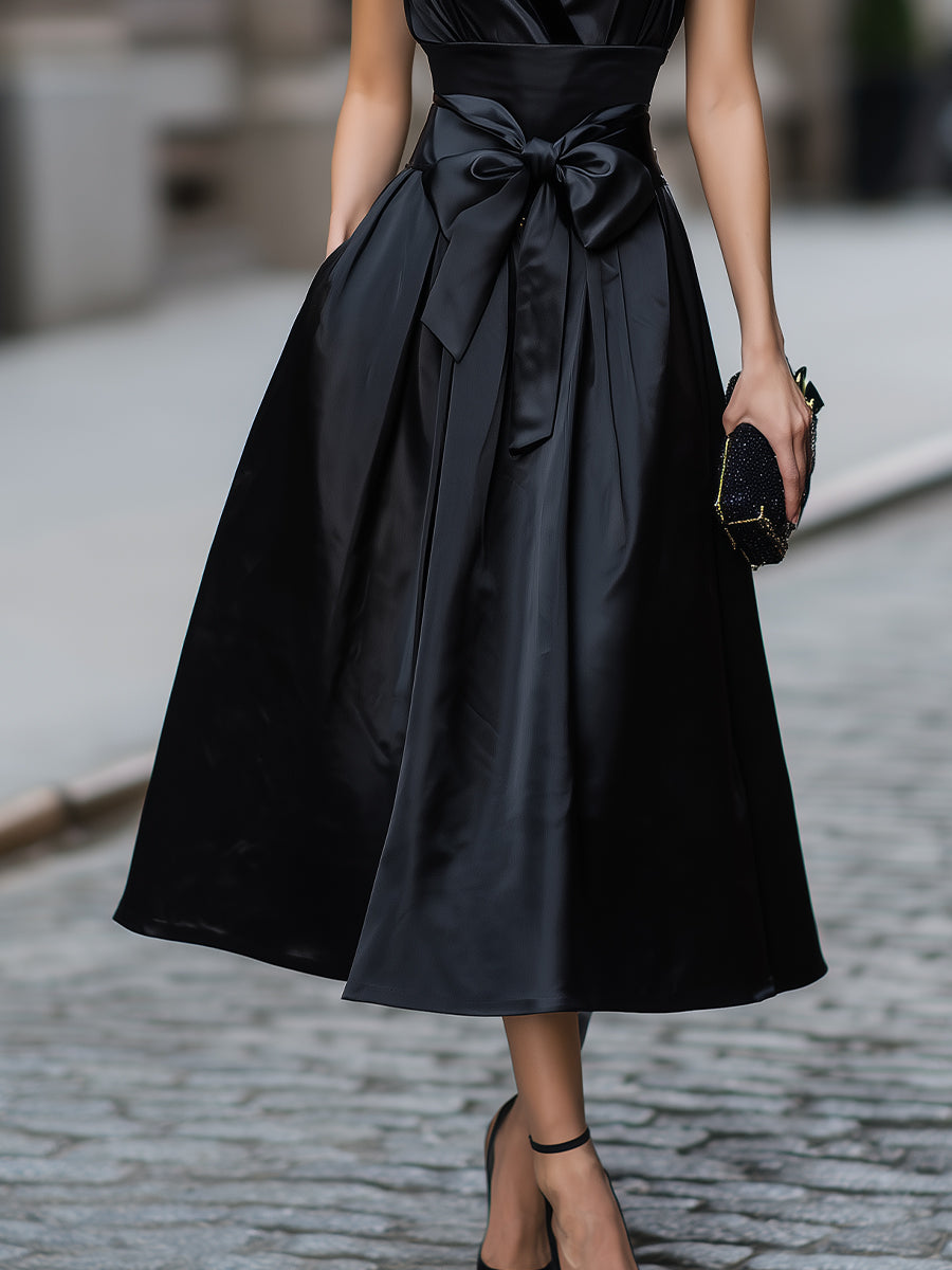 Halter Neck Bow Sleeveless A-Line Tea-Length Evening Dress