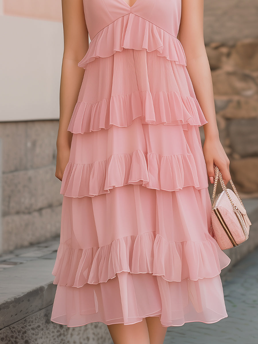 Deep V-Neck Tiered Ruffle Chiffon Midi Dress