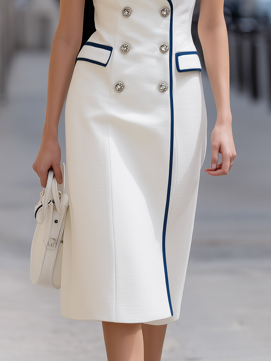 Sleeveless Blazer Dress With Navy Contrast Trim