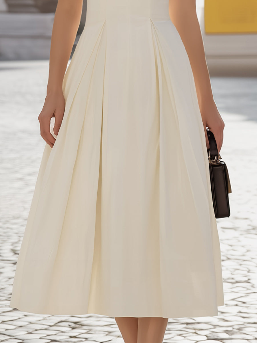 Notch-Neck Cap-Sleeve Pleated A-Line Midi Dress