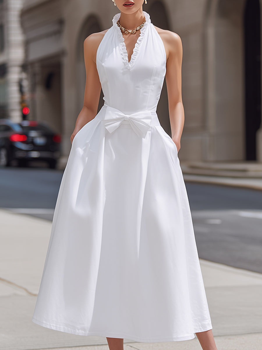 Halter Ruffle Neck Bow Waist Sleeveless A-Line Maxi Dress Custom Color