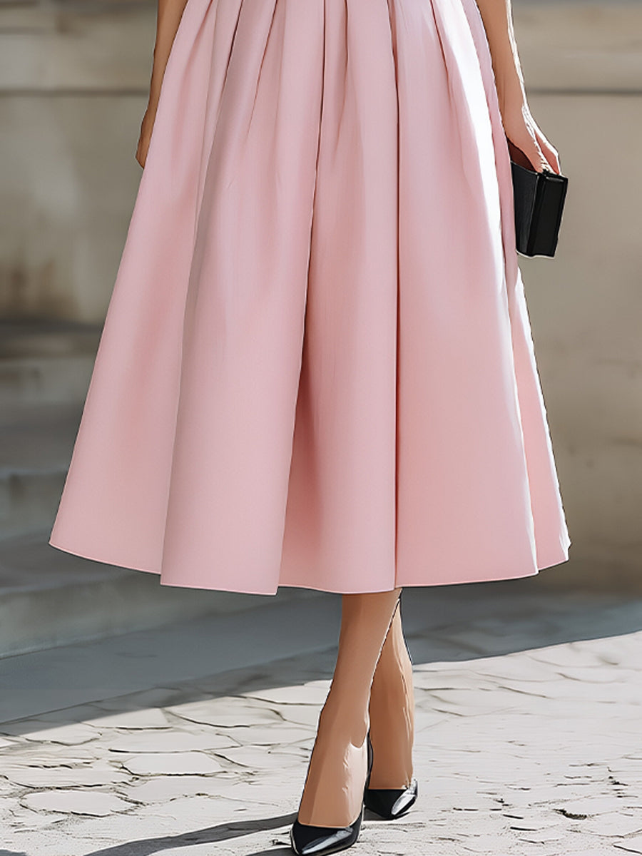 Black Pink Color-Block Square-Neck Pleated Midi Dress