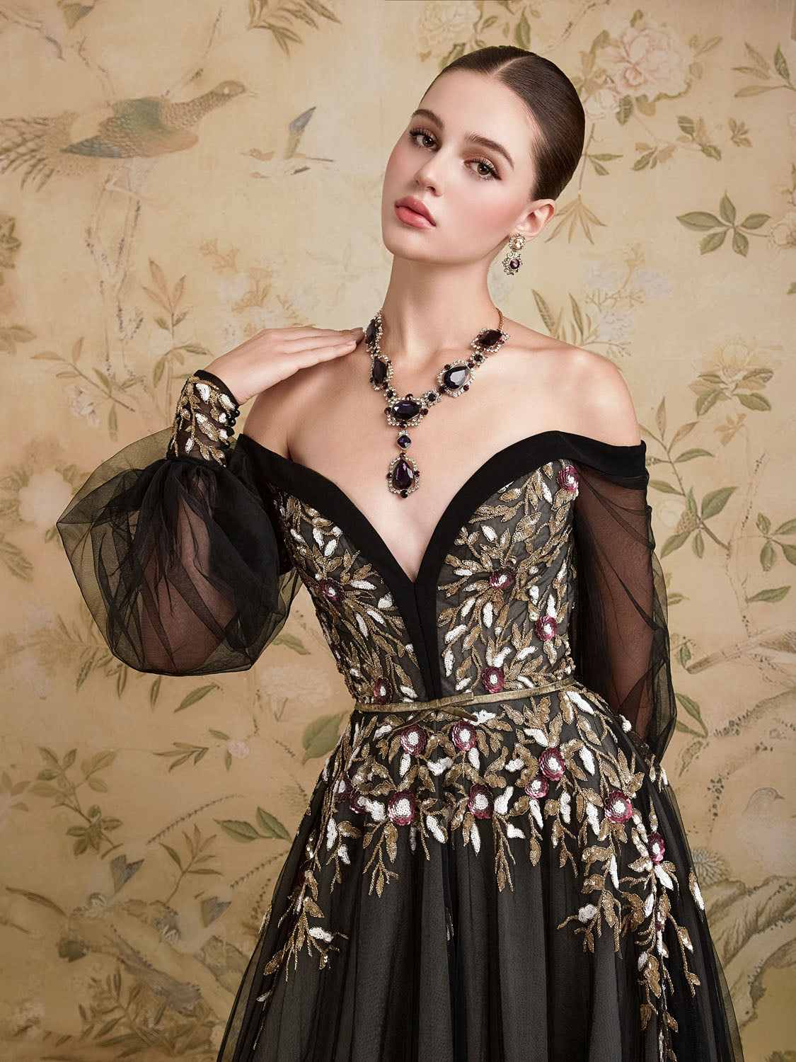 Sequins Sparkle Applique Off the Shoulder Long Sleeve Tulle A-Line Evening Dress