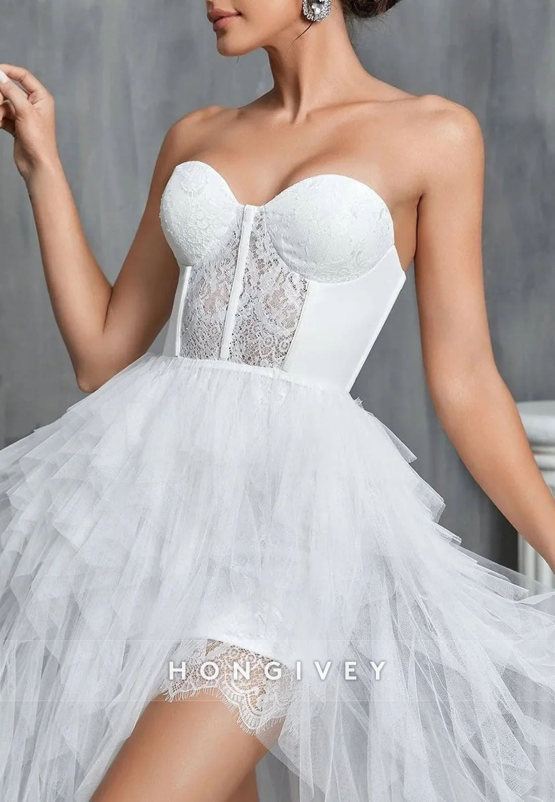 Sweetheart High Slit Sweep Train Strapless Wedding Dresses with Ruffles
