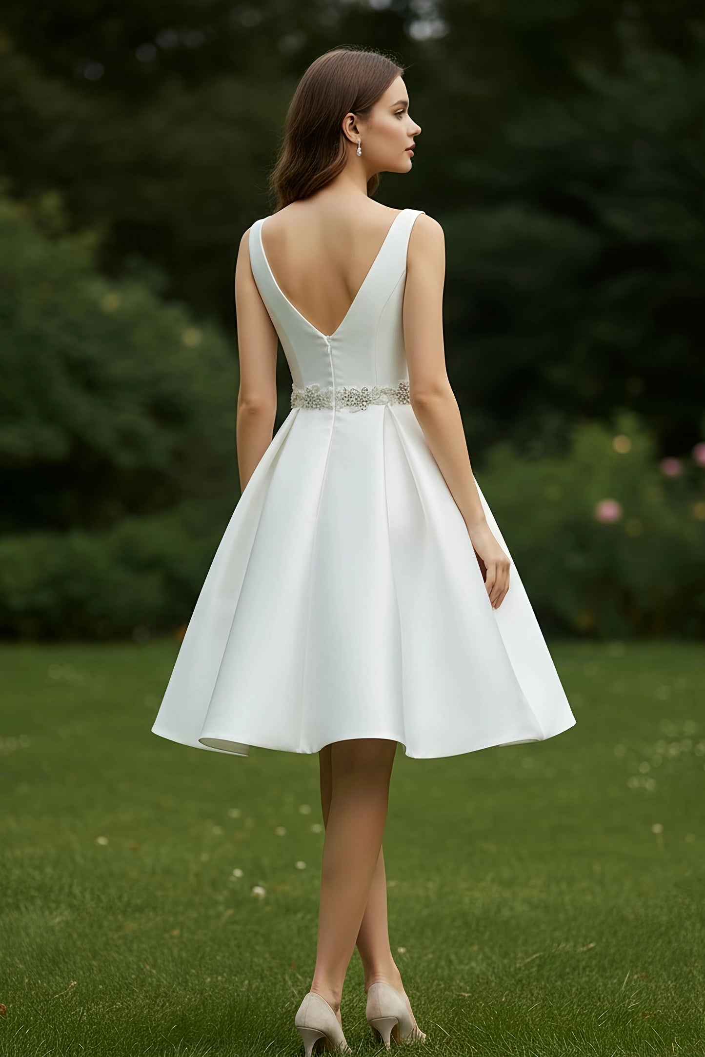 Square Neck Sleeveless Beaded Sparkle A-Line Mini Wedding Dress