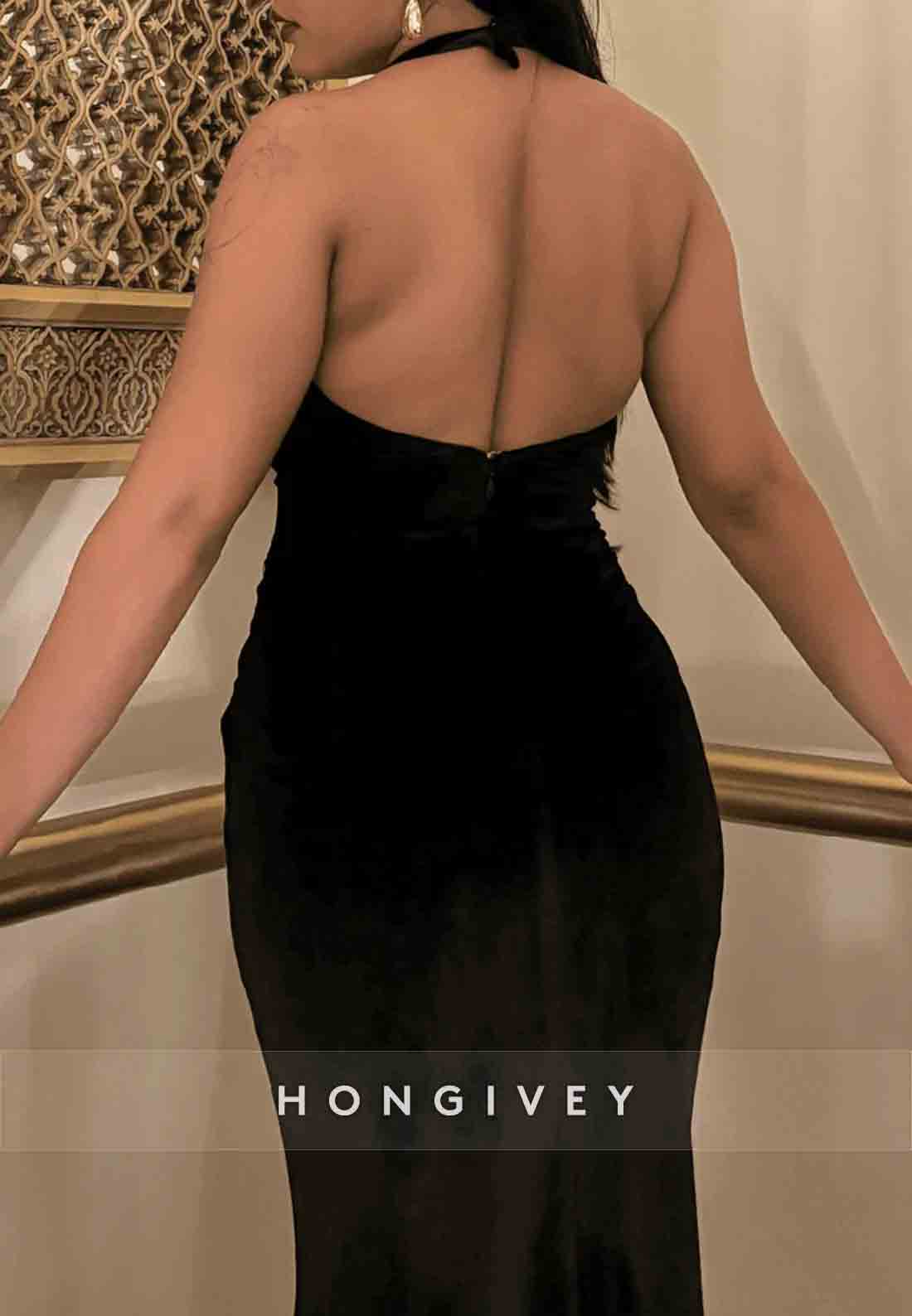 High Slit Halter Sleeveless Low Back Pleated Trumpet Evening Gowns