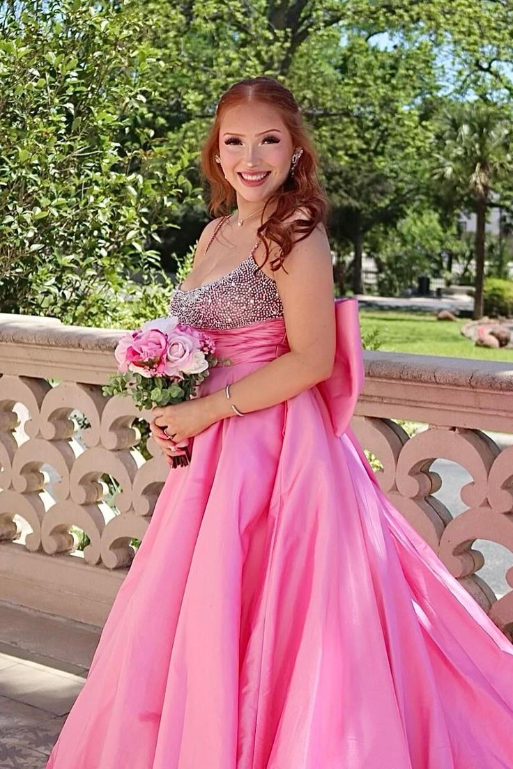 Princess A Line Spaghetti Straps Pink Long Prom Dress with Beading Bowknot