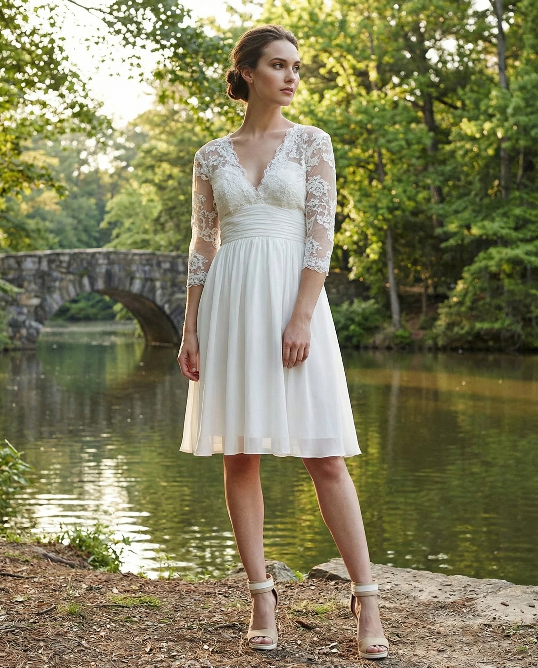 3 4 sleeve backless wedding dress Lace V-Neck 3/4 A-Line Short Mini yellow long evening dress Web Collection: Dresses The crepe fabric is Size:l