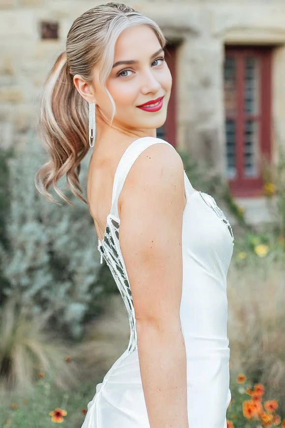 White Sheath One Shoulder Square Neck Sleeveless Mirror-Cut Sequins Pleated With Slit Long Prom Dress