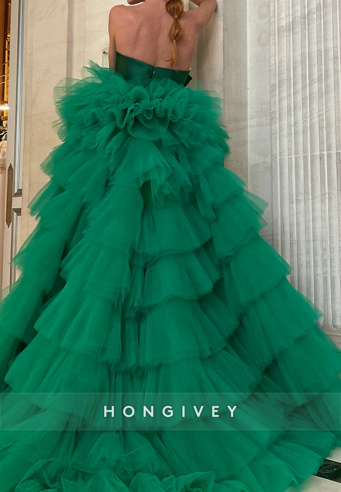 High Low Bows Tiered Long Holiday Prom Dresses with Court Train