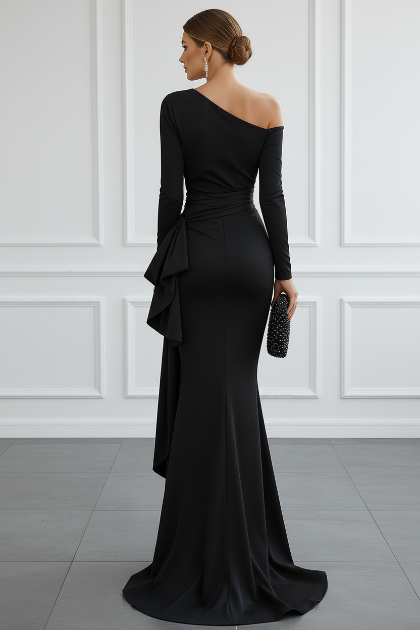 Elegant One-Shoulder Satin Wedding guest Dress With Draped Detail And Side Slit