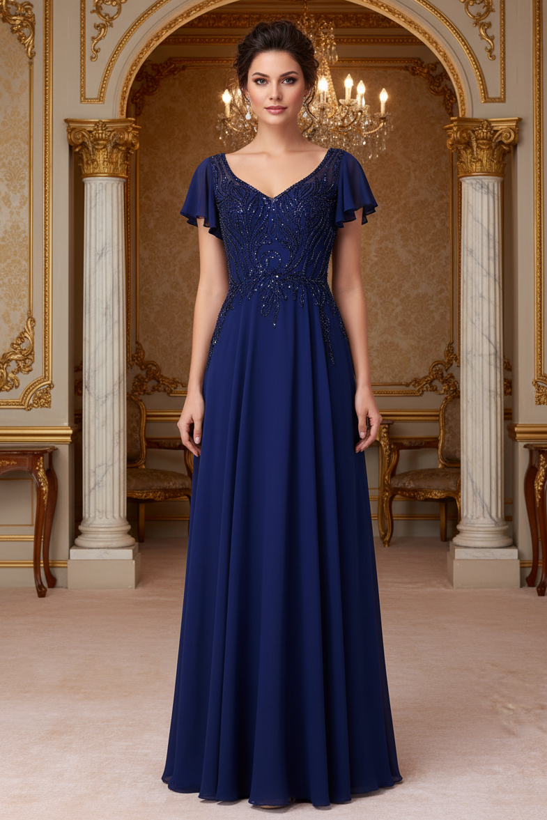 V-neck short sleeved long formal mother of the bride dress