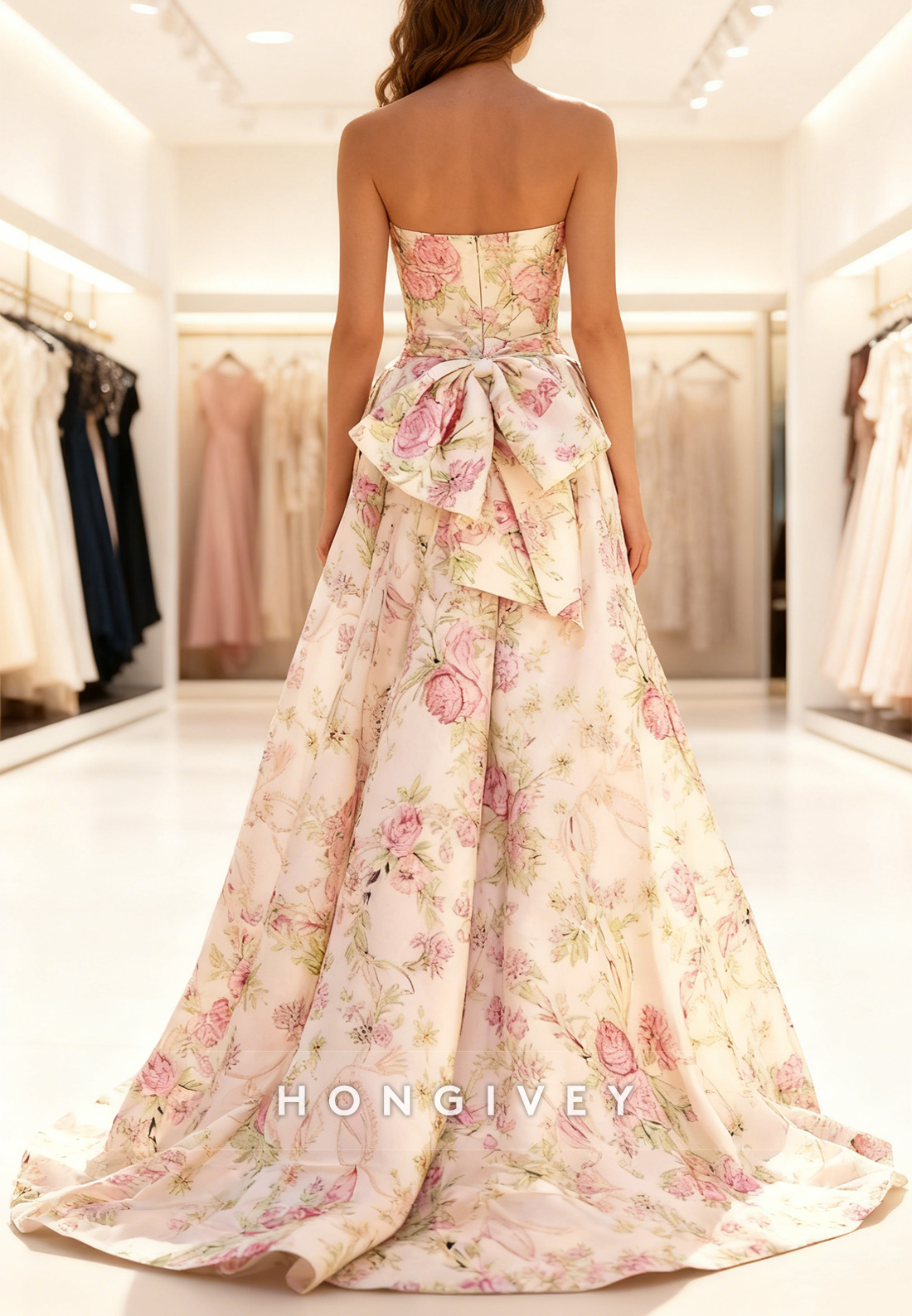 Floral Print Bow A-Line Sleeveless Prom Dress