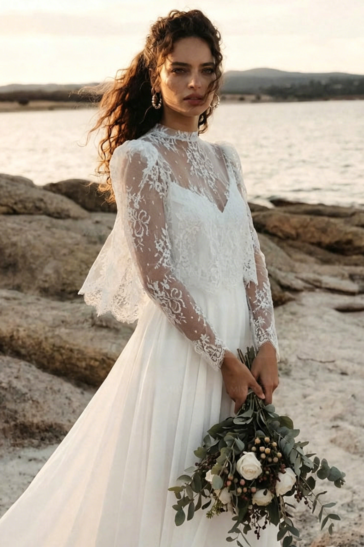 Beach/Boho Long Sleeves Sweep Train Chiffon Wedding Dresses With Lace