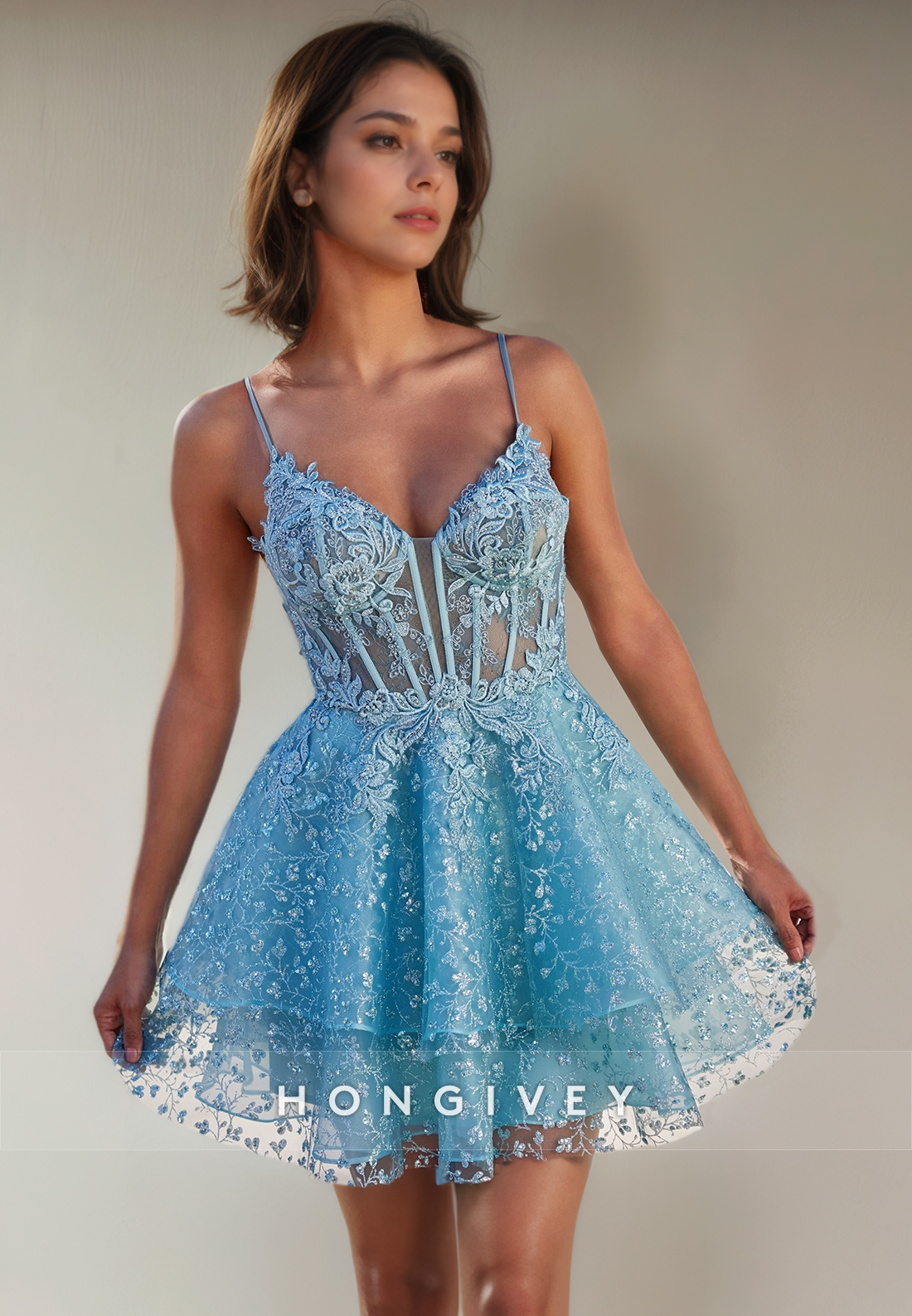 Tulle A-Line V-Neck Spaghetti Straps Sheer Short Party Homecoming Dres Tulle A-Line V-Neck Spaghetti Straps Sheer Short Party Homecoming Dres