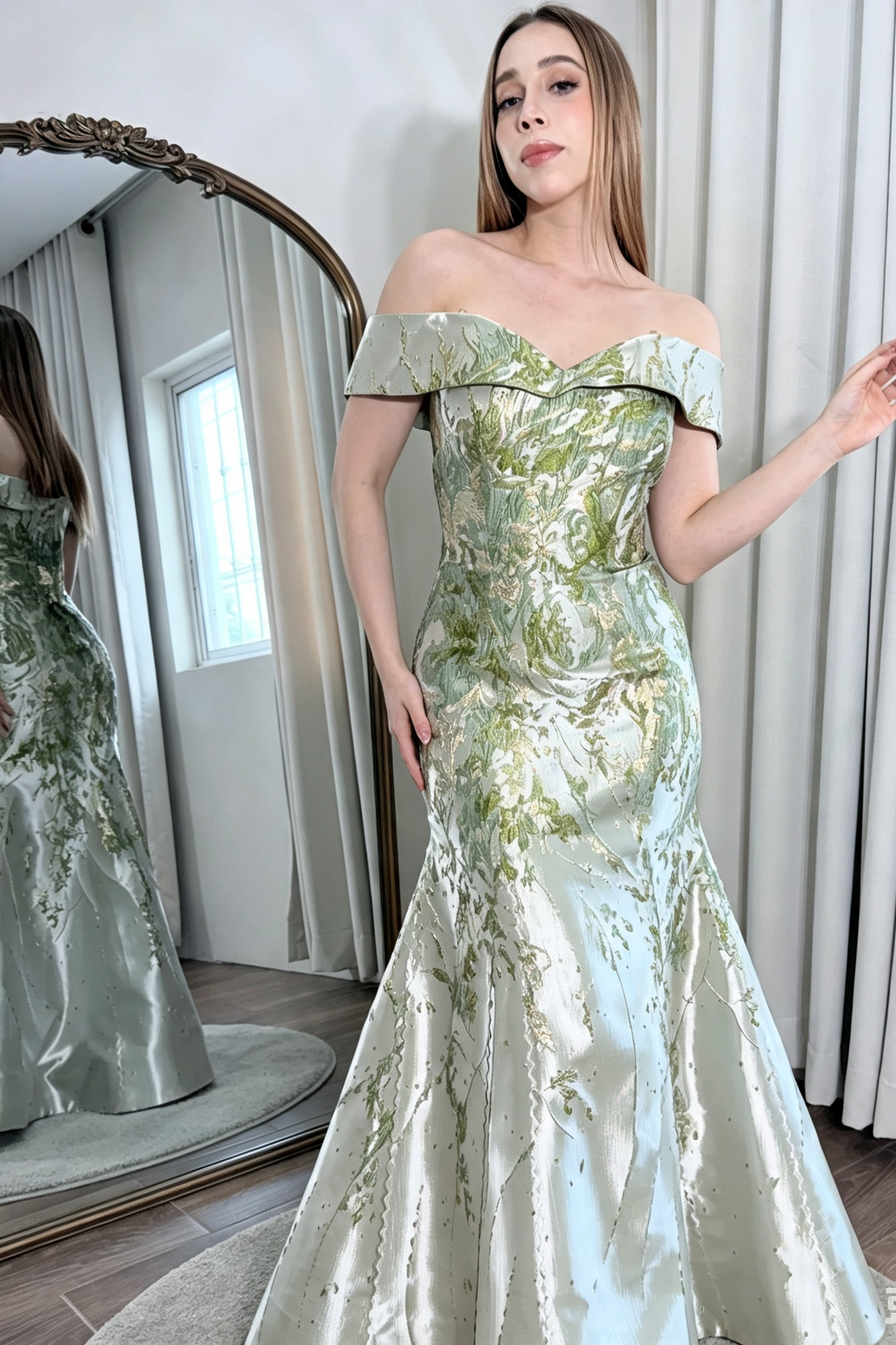 Off Shoulder Mermaid Gown with Floral Jacquard Print