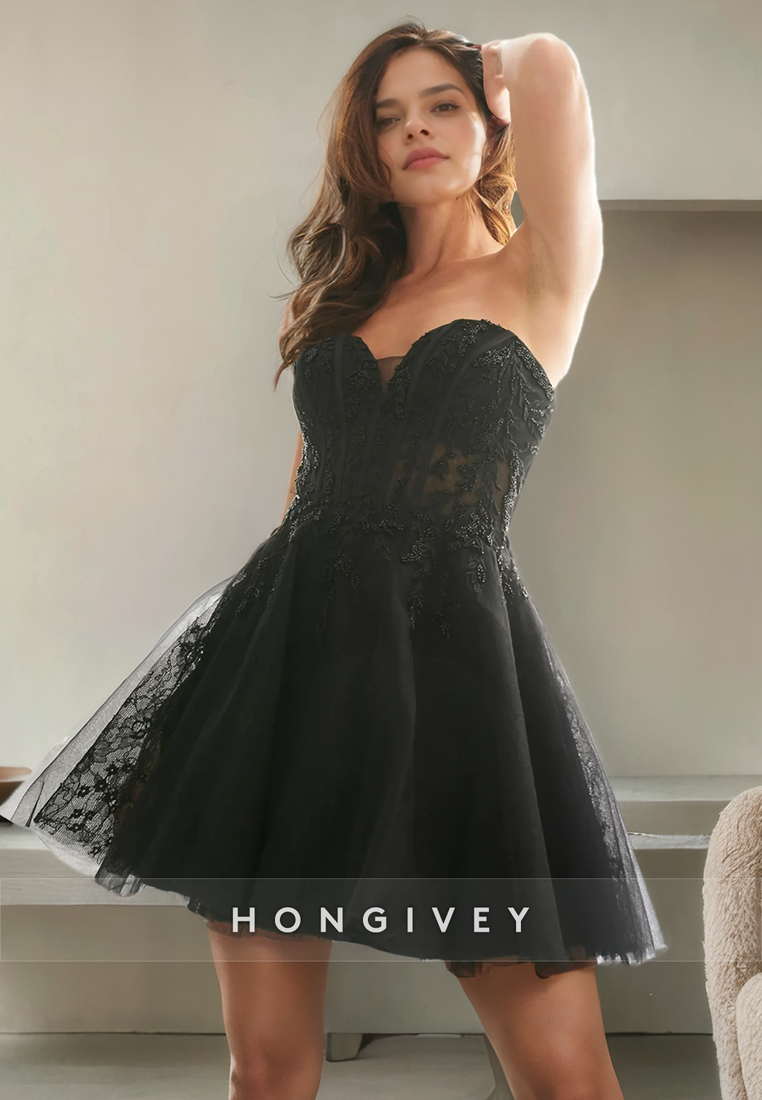 Black A-Line Strapless Sweetheart Lace Applique Short Homecoming Dress Black A-Line Strapless Sweetheart Lace Applique Short Homecoming Dress