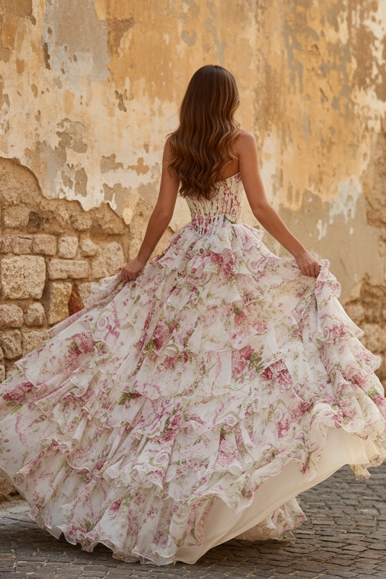 Tassel A-Line Slit Pink Floral Print Prom Dress