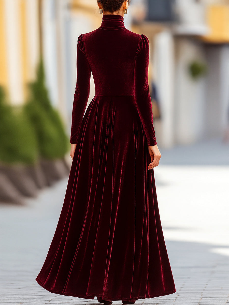 Burgundy Velvet Long-Sleeve Evening Dress