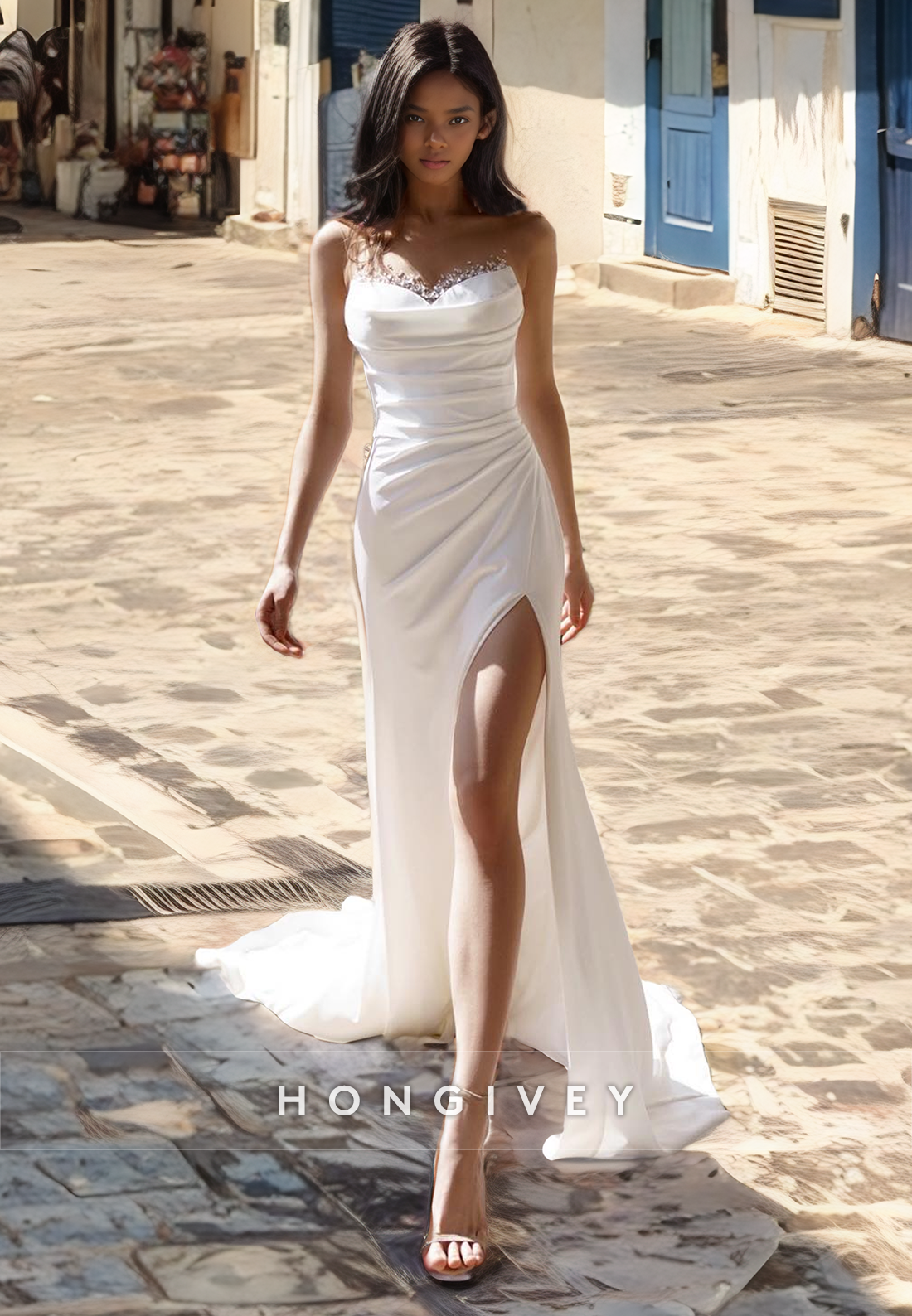 Crystal Beaded Ruched Strapless Mermaid With Train And Slit Wedding Dr Crystal Beaded Ruched Strapless Mermaid With Train And Slit Wedding Dr
