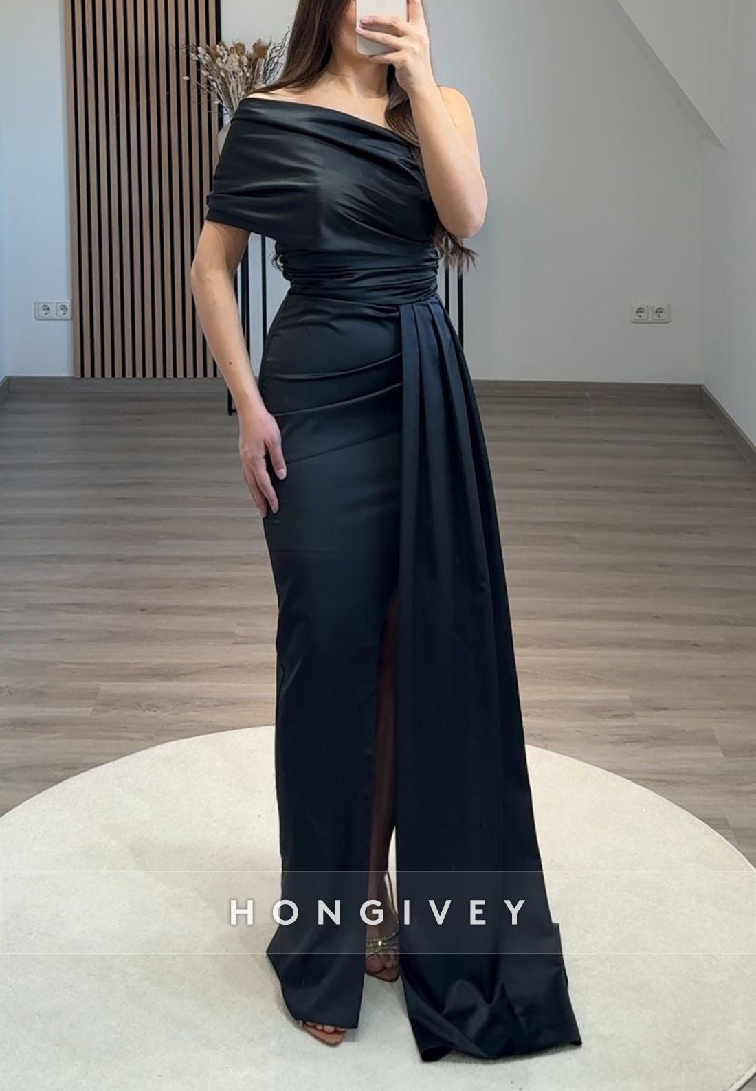 Column One Shoulder Floor-Length Pleated Split Formal Evening Dresses