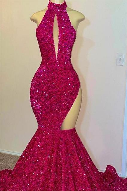 Hidais Charming Sleeveless Fuchsia High Neck Mermaid Long Prom Dress With Sequins