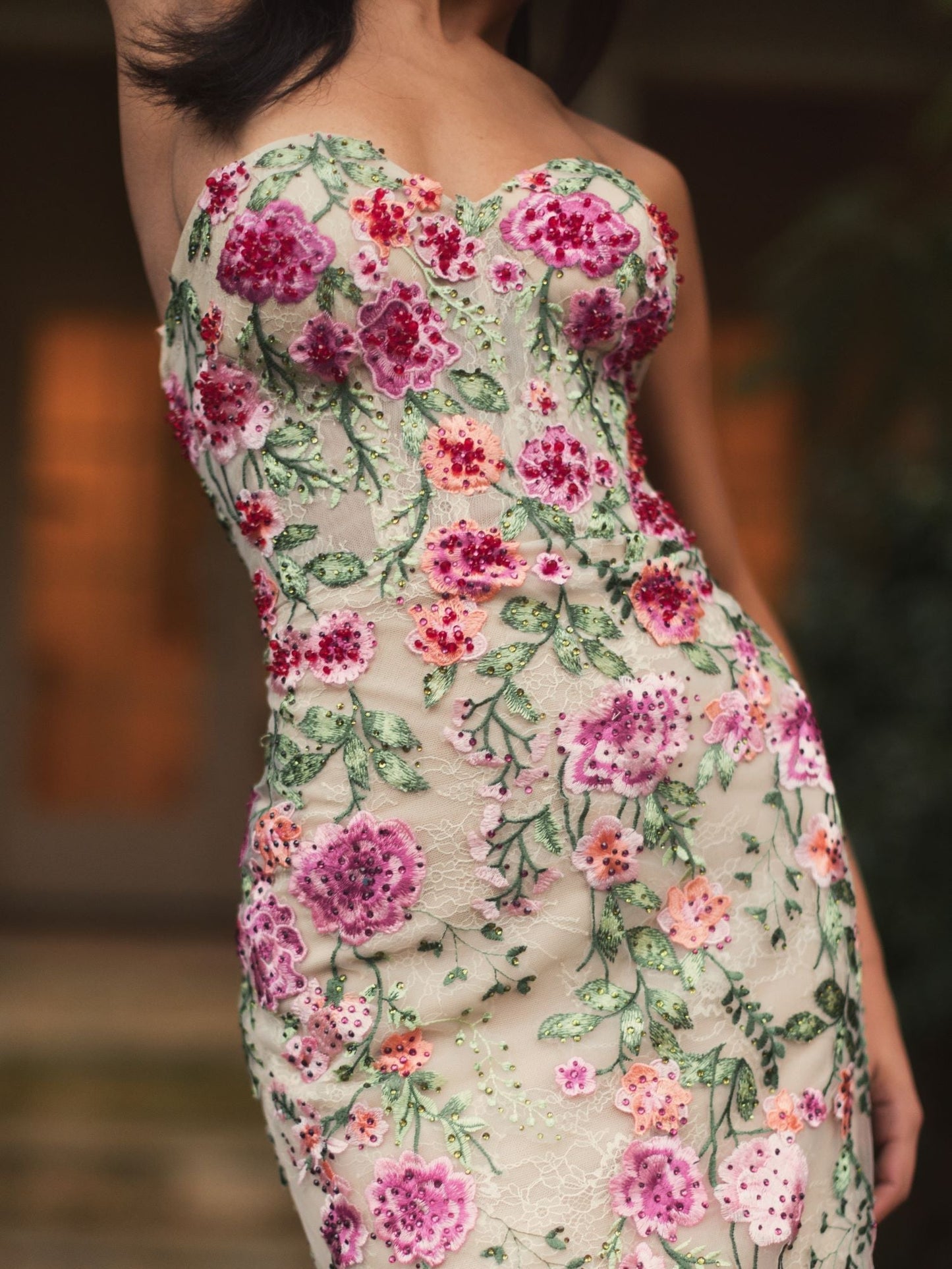 Beige Strapless Bustier Floral Embroidered Mermaid Evening Dress