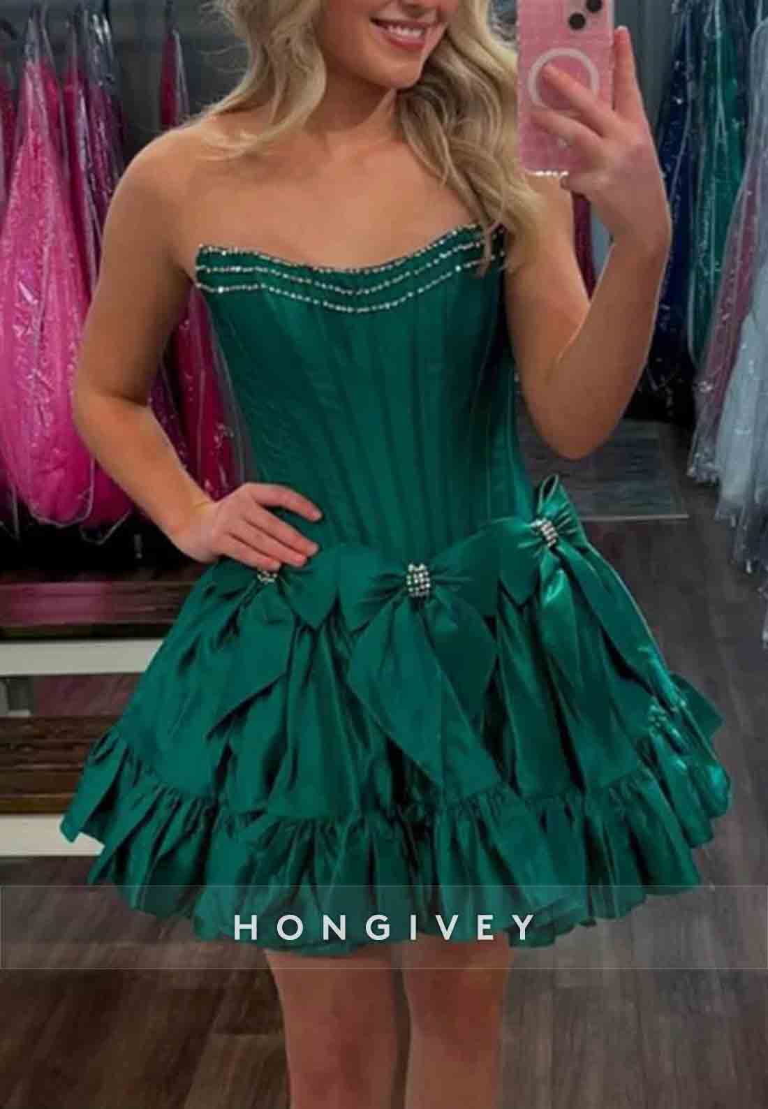 Bowknot Ruched Strapless Satin Pleated Ball Gown Short Homecoming Dresses