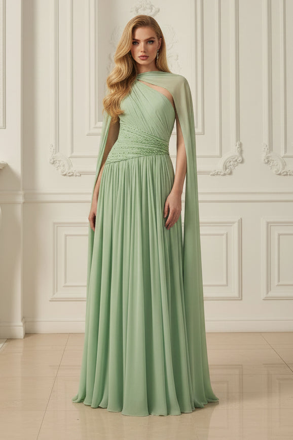 One Shoulder Green Sleevelesss A-Line Floor-Length Evening Dress