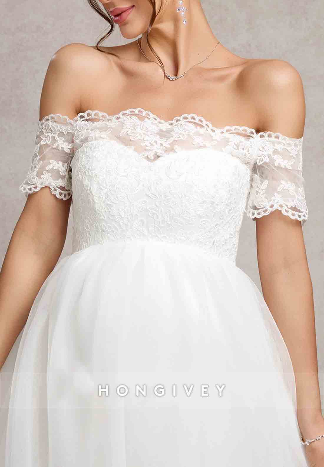 Off the Shoulder Floor-Length A-Line Empire Tulle Wedding Dresses with Lace Corset