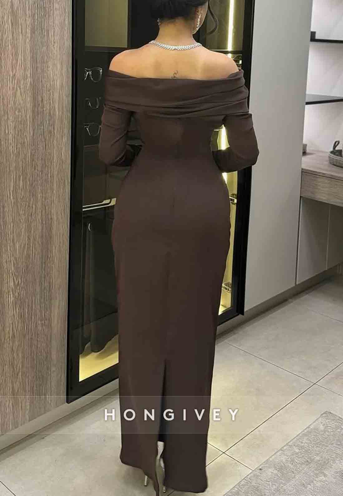 Off the Shoulder Long Sleeves Floor-Length Sheath Pleated Evening Gowns