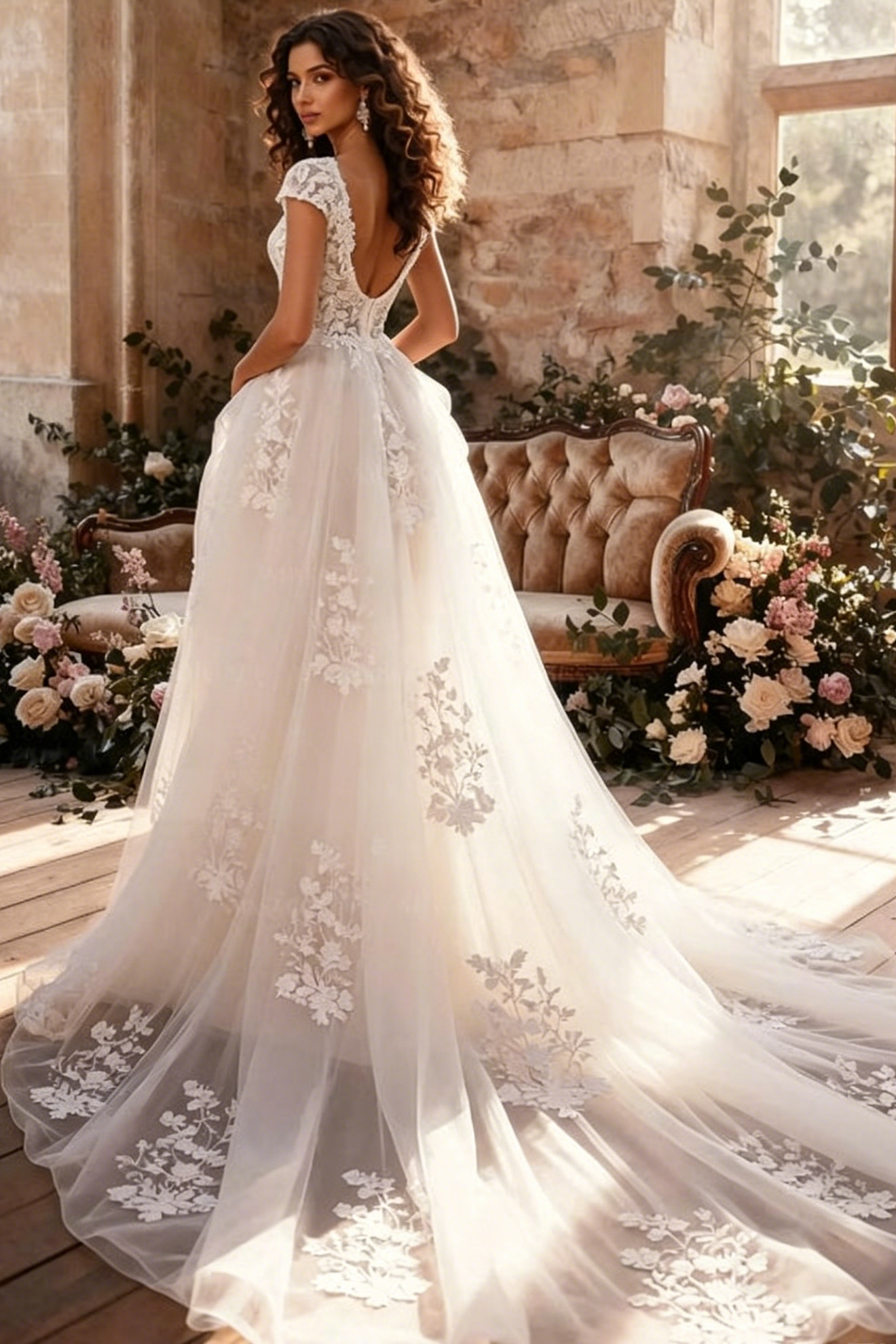 A-Line V-Neck Short Sleeves Chapel Train Satin Tulle Wedding Dresses With Appliques Lace