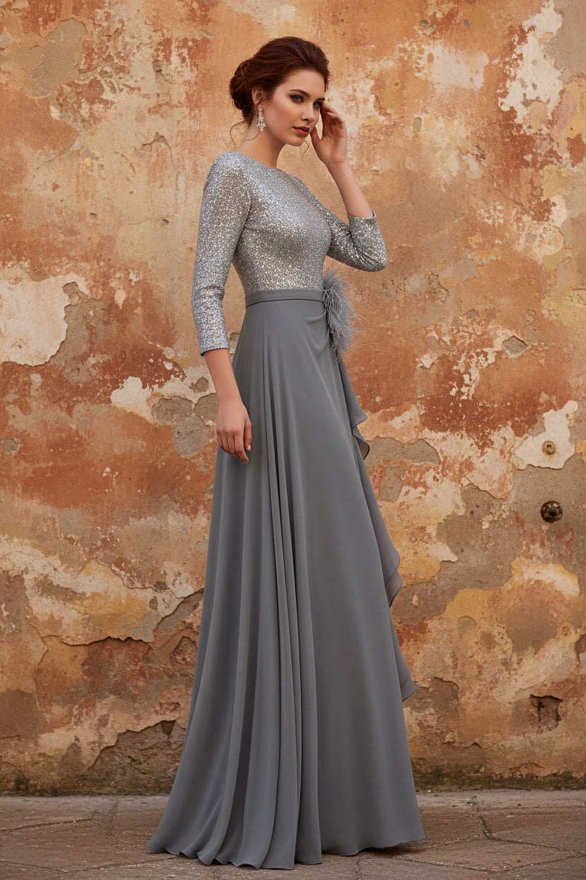 Jewel Neck Long Sleeves Asymmetrical Mother of the Bride Dresses With Sequin & Feather & Pearls