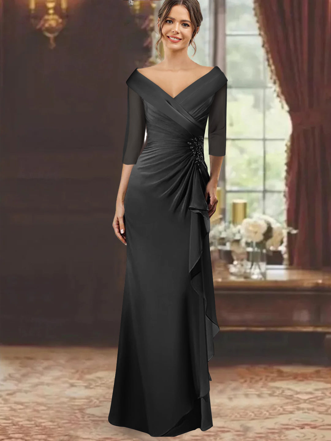 V-Neck Half Sleeves Floor-Length Mother of the Bride Dresses with Ruffles & Appliques