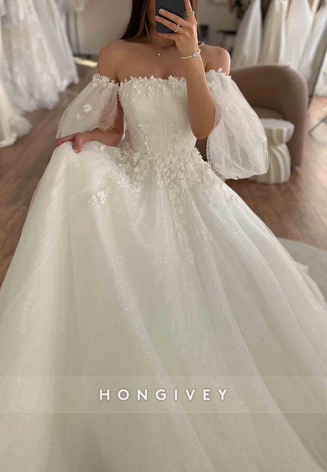 Off the Shoulder Pleated Appliqued Chapel Train Princess Wedding Dresses