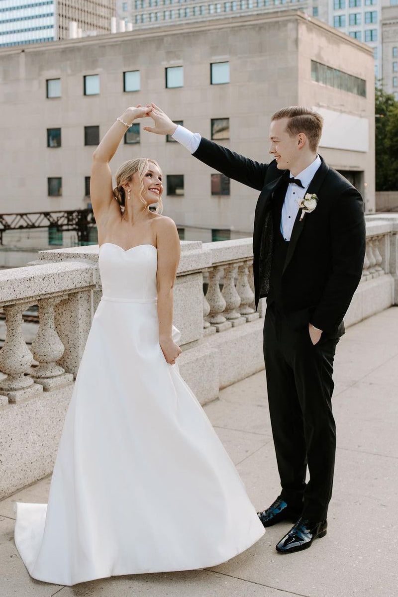 A-Line Strapless White Satin Wedding Dresses