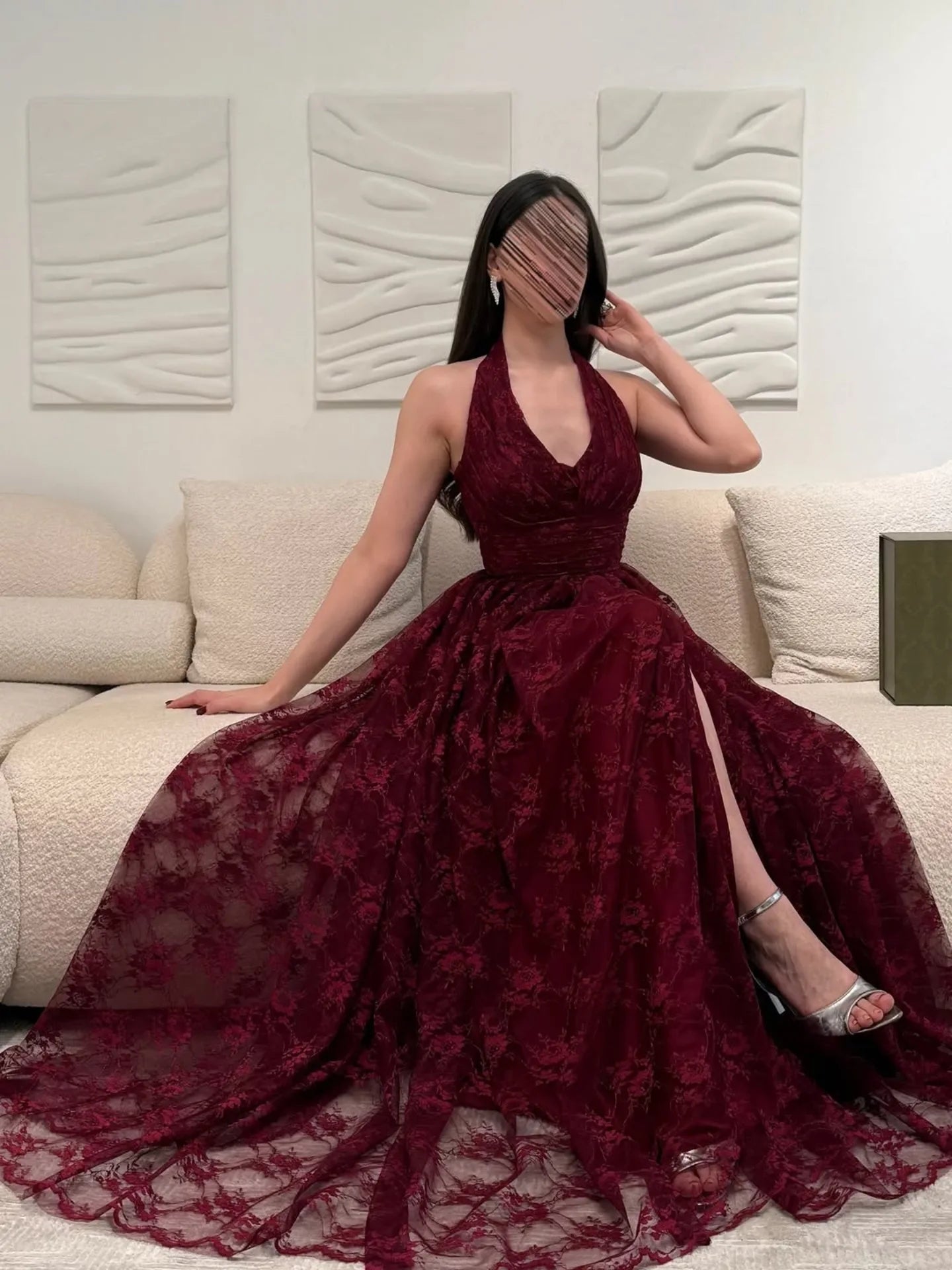 Red Halter Sleeveless Lace A-Line Side Evening Dress Floor-Length