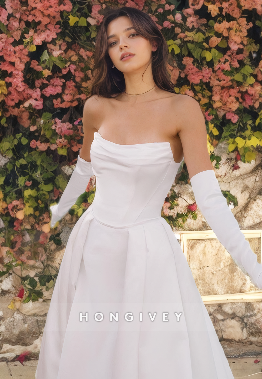 Chic Satin A-Line Bateau Detachable Off-Shoulder Strapless Empire Gloves Wedding Dress