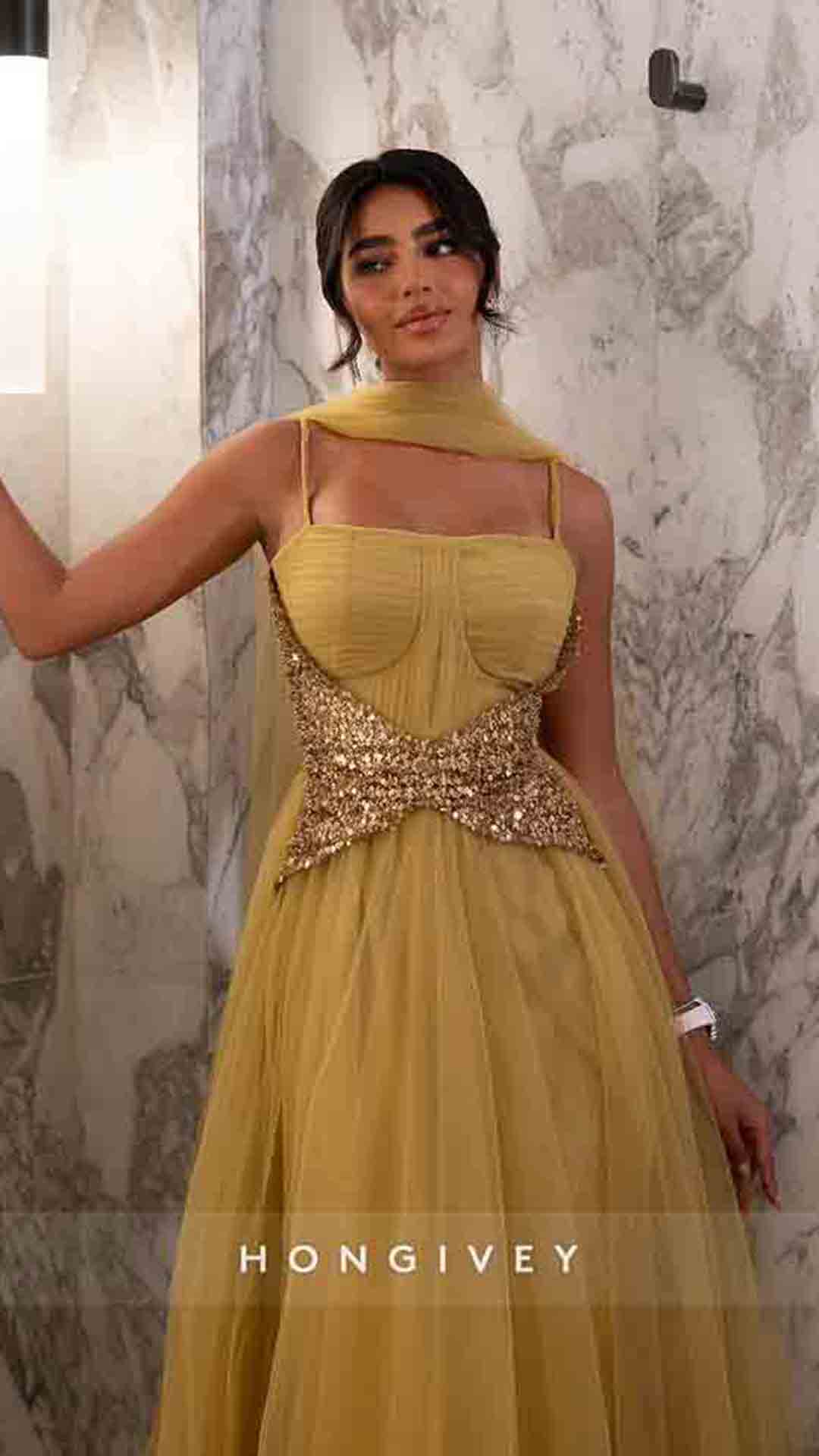 Spaghetti Straps Tulle A-Line Beaded Floor-Lenght Prom Dress