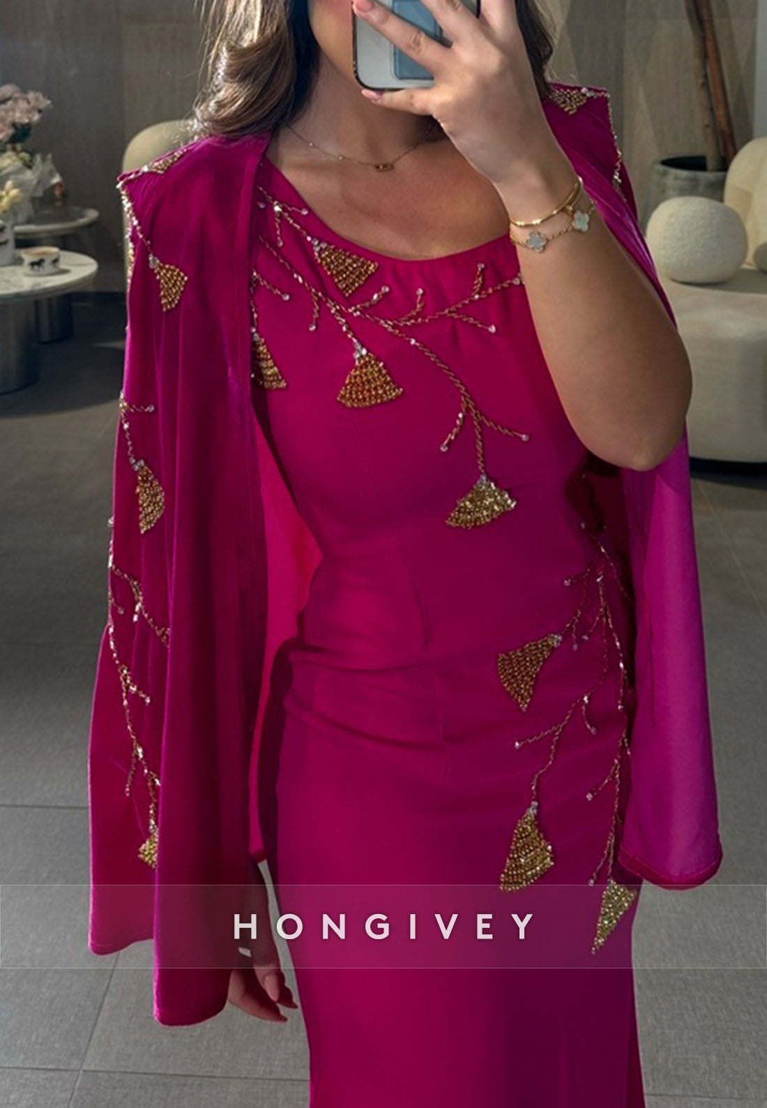 Fuchsia Shawl Pleated Ankle-Length Trumpet Scoop Evening Gowns