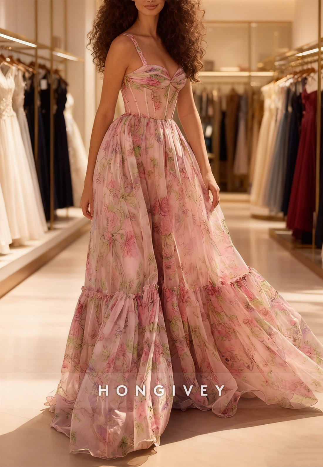 Floral Print Sleeveless Sweetheart Floor-Length A-line Prom Dresses