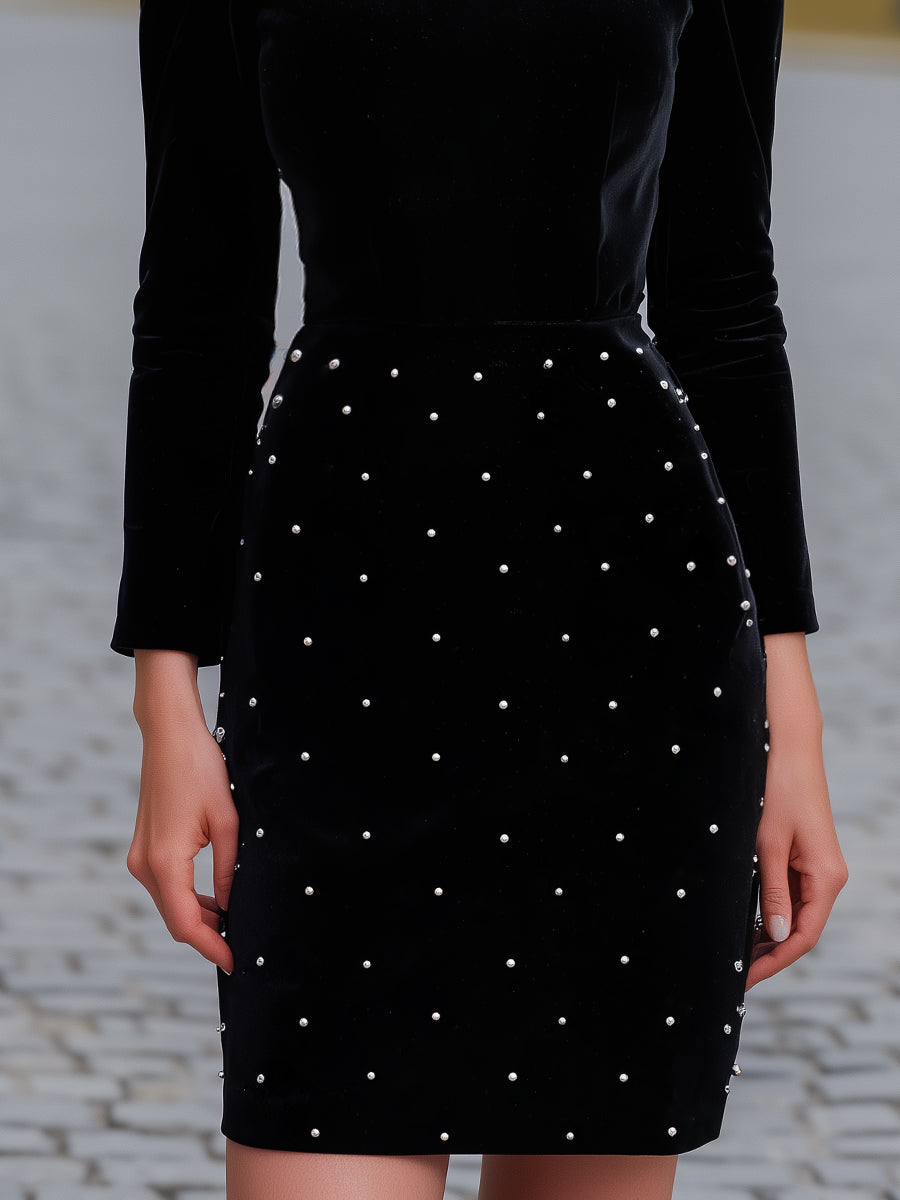 Embellished Collar Velvet Evening Dresss With Beaded Skirt
