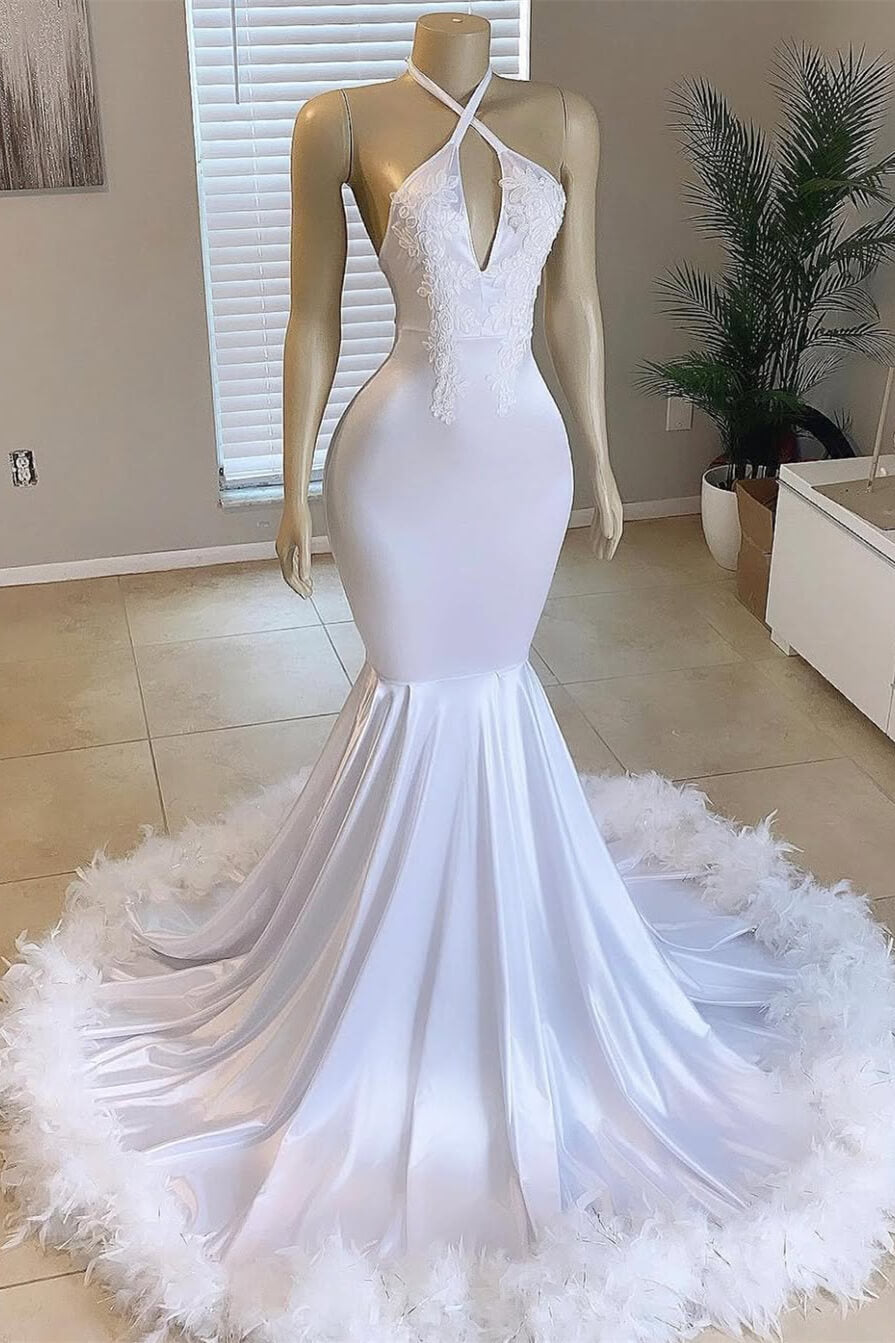 White Halter Sleeveless Mermaid Prom Dress With Appliques Feathers