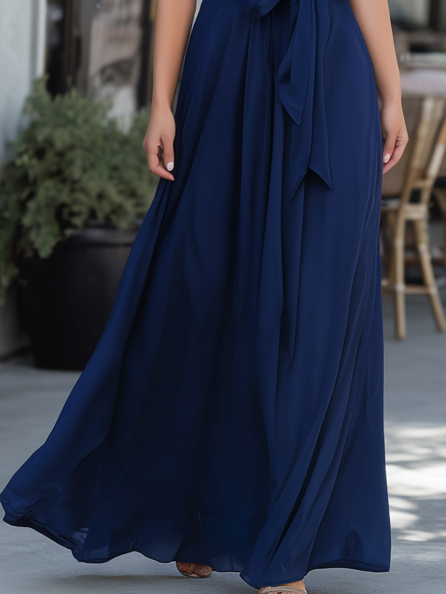 Halter Neck Tie-Waist Flowing Maxi Dress