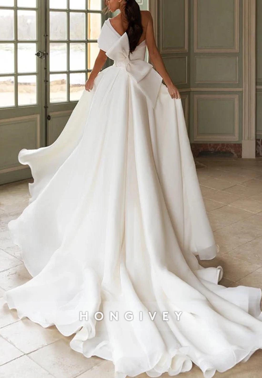 HIgh Slit One Shoulder Flowers Pleated Chapel Train Bowknot Wedding Dresses