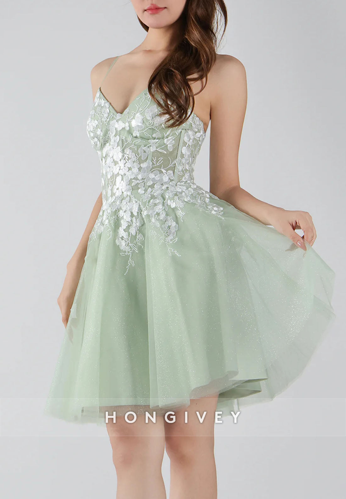 V-Neck Lace Floral Bodice Spaghetti Straps Crisscross Back Mini Homecoming Dresses