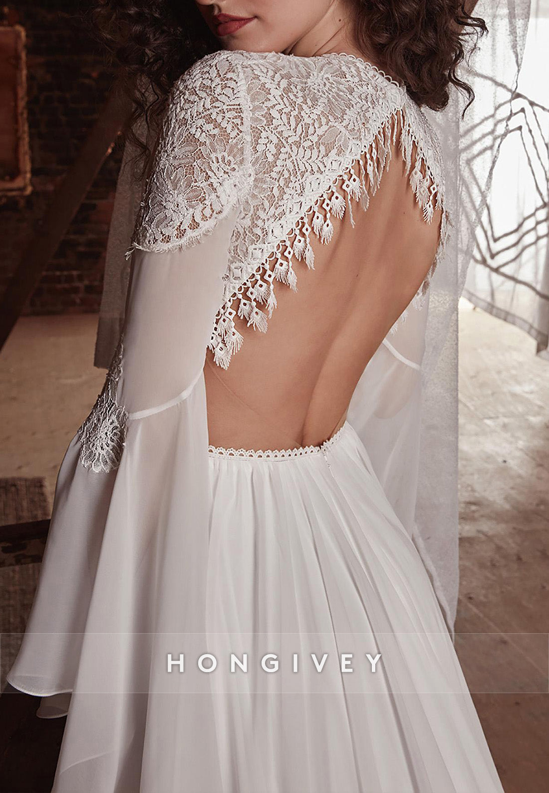 Keyhole Pleated Flutter Sleeves Lace A-line Chapel Train Boho Wedding Dresses