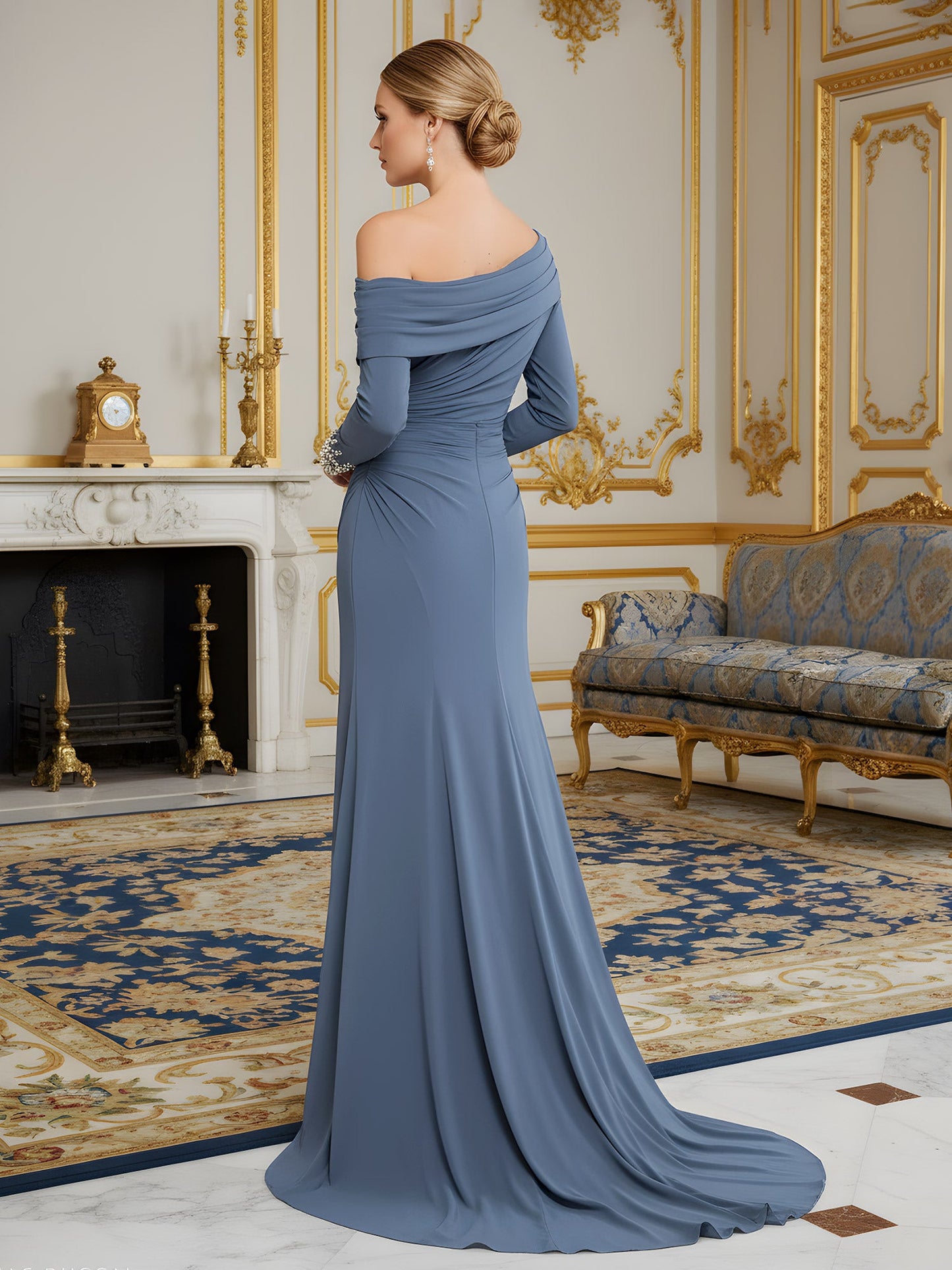 Pleated Long Sleeves Bodycon Sweep Train Gown Slate Blue