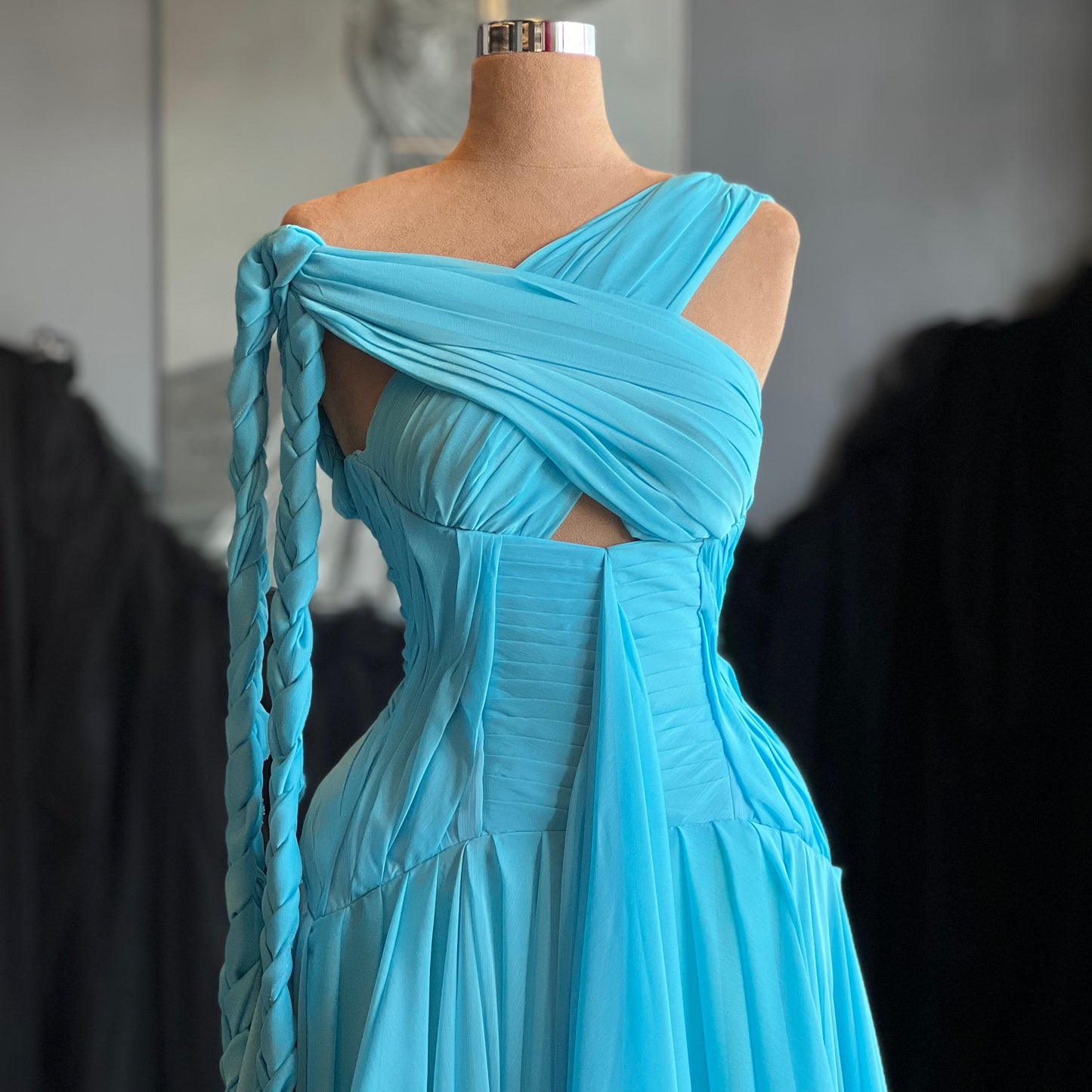 Ocean Blue A-Line Floor-Length Cross-Neck Lace-Up Prom Dresses